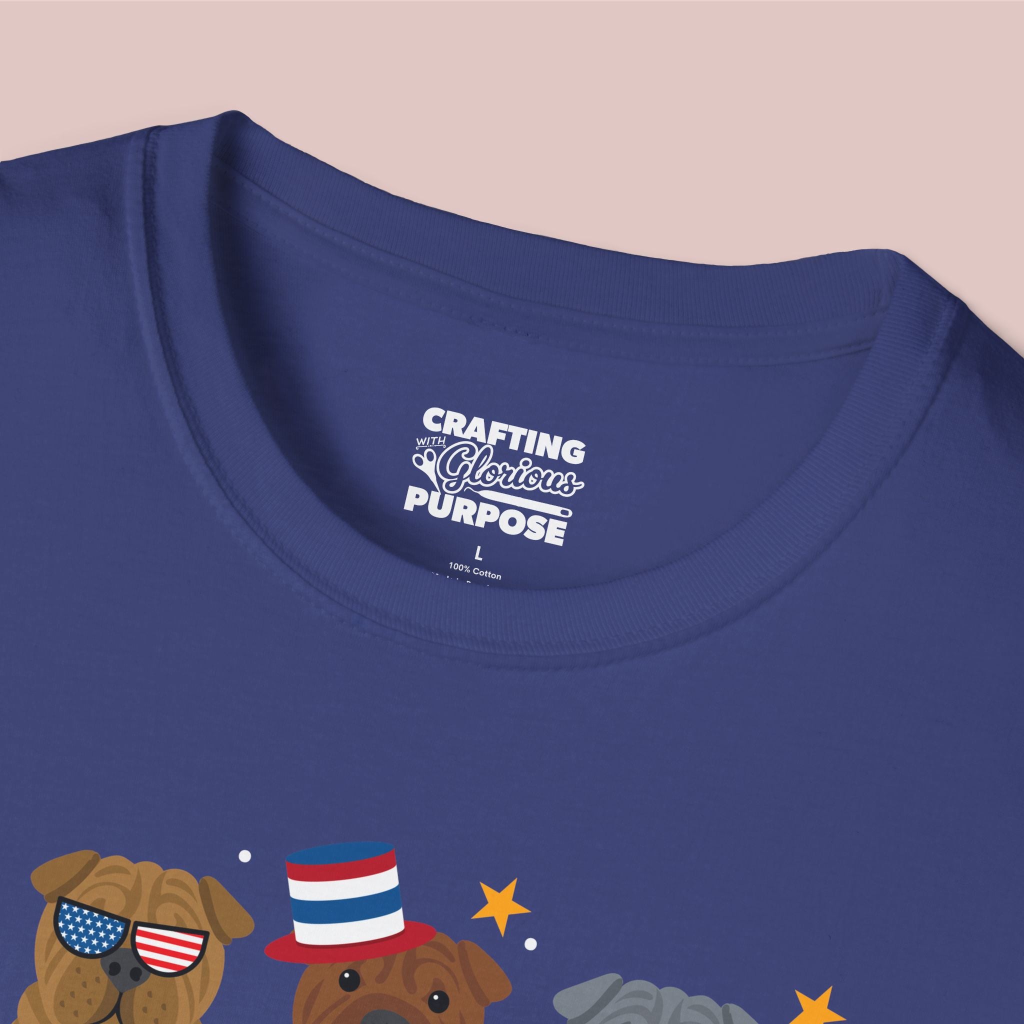 Shar Pei Patriotic Dog Trio T-Shirt — 'Red, White & Woof' Cute America Graphic Tee