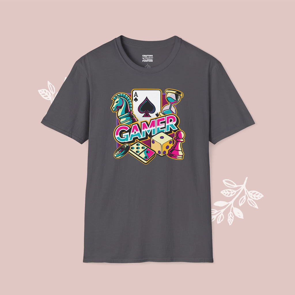 Gamer Board Game Graphic T-Shirt — Retro Dice, Cards & Chess Pieces Design