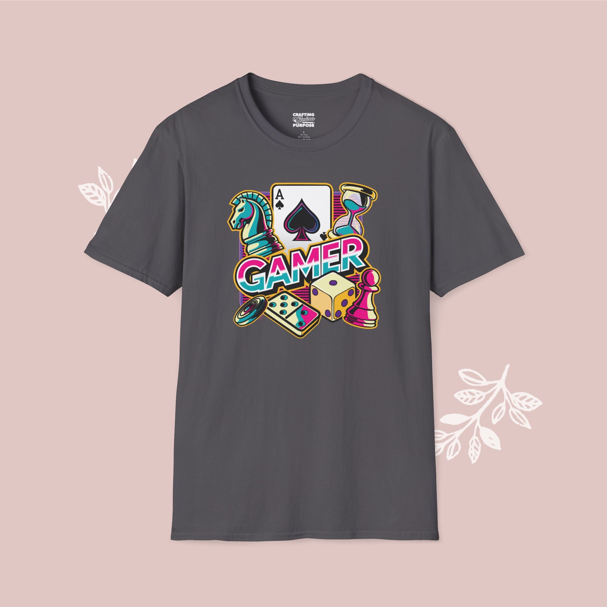 Gamer Board Game Graphic T-Shirt — Retro Dice, Cards & Chess Pieces Design