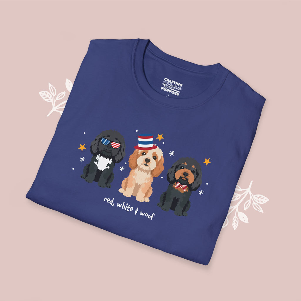 Cavapoo Patriotic Dog Trio T-Shirt — 'Red, White & Woof' Cute America Graphic Tee