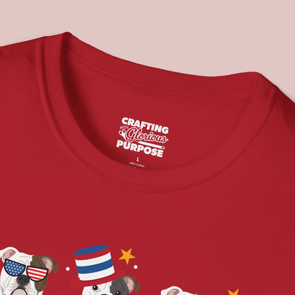 American Bulldog Patriotic Dog Trio T-Shirt — 'Red, White & Woof' Cute America Graphic Tee