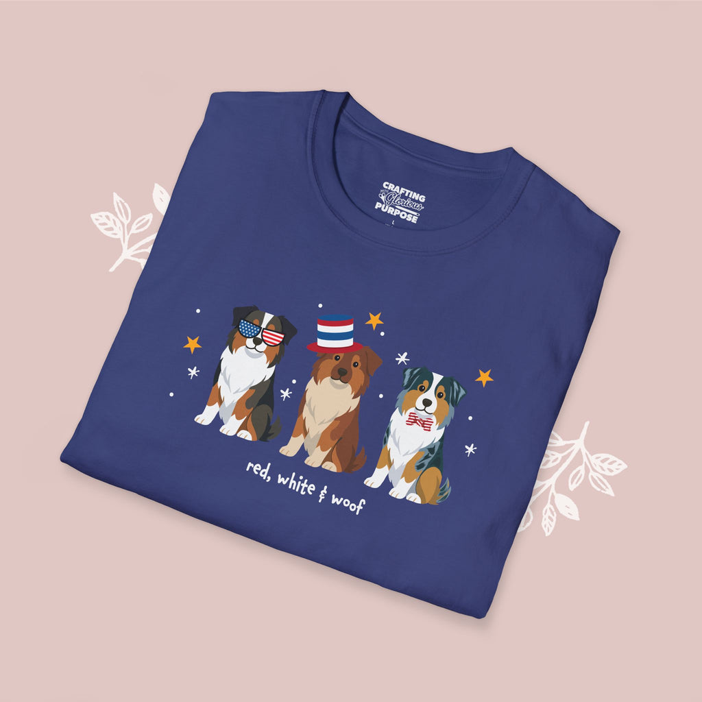 Australian Shepherd Patriotic Dog Trio T-Shirt — 'Red, White & Woof' Cute America Graphic Tee