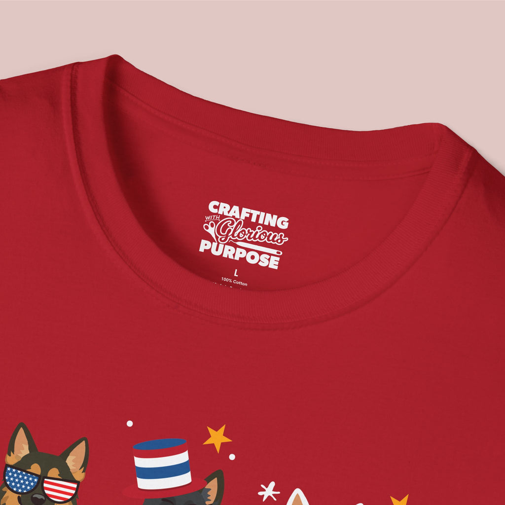 German Shepherd Patriotic Dog Trio T-Shirt — 'Red, White & Woof' Cute America Graphic Tee