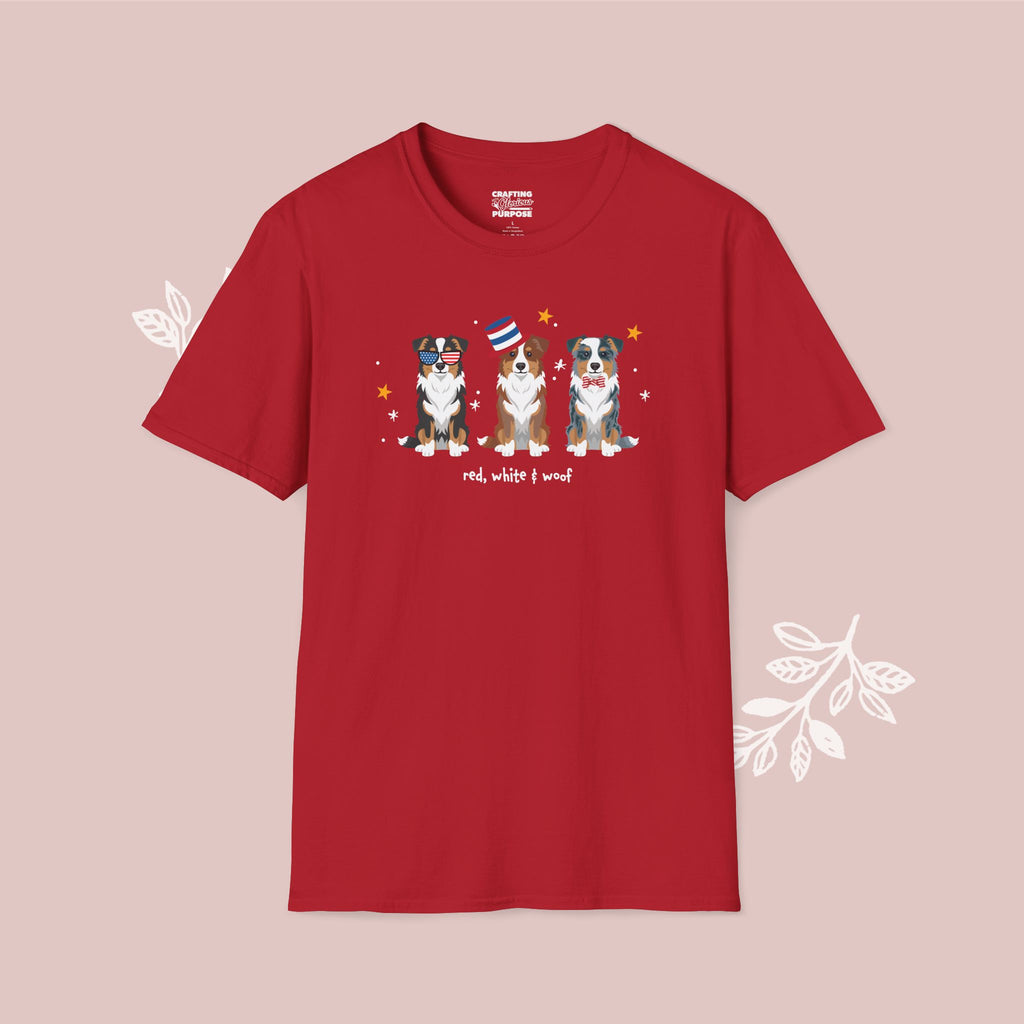 Mini Aussie Patriotic Dog Trio T-Shirt — 'Red, White & Woof' Cute America Graphic Tee