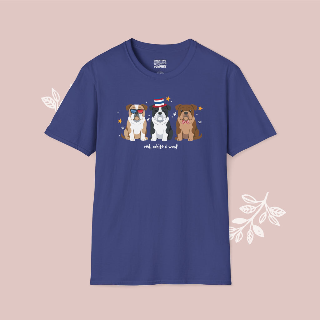 English Bulldog Patriotic Dog Trio T-Shirt — 'Red, White & Woof' Cute America Graphic Tee