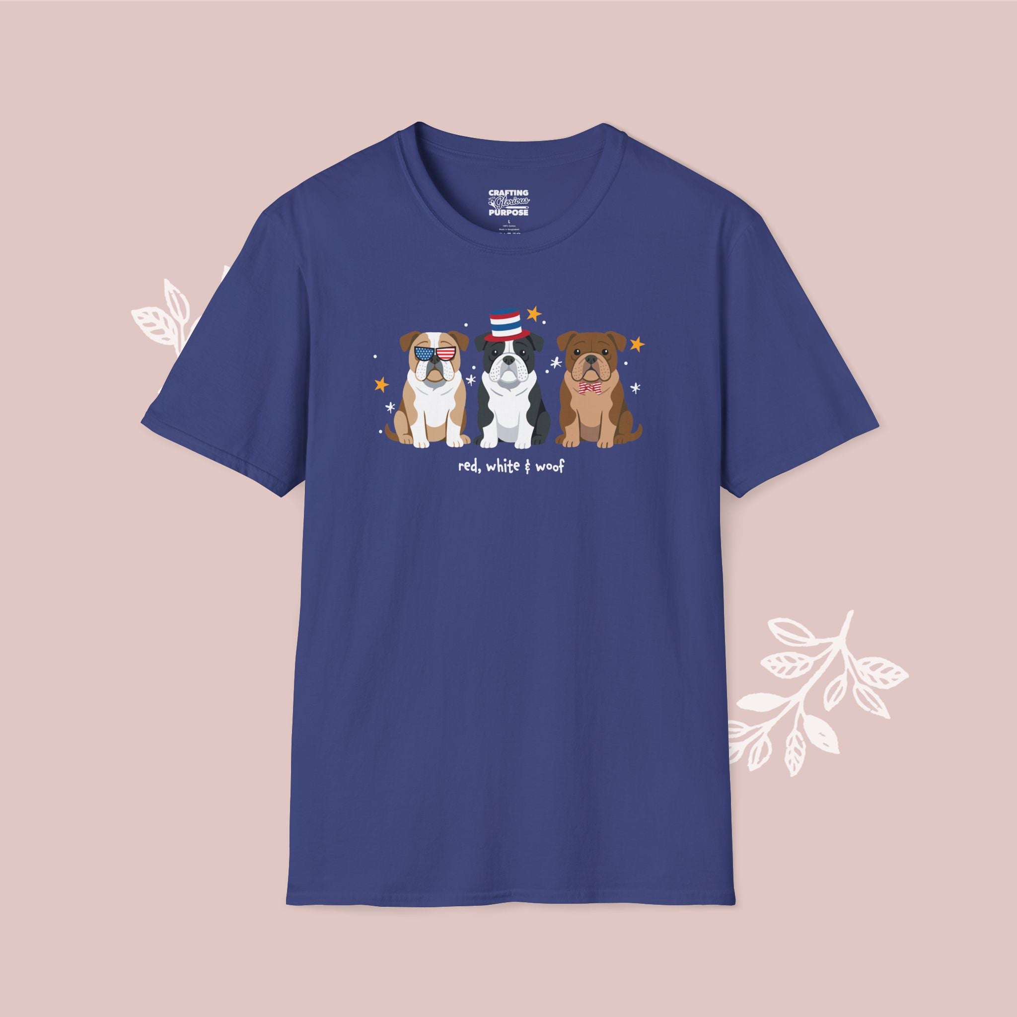 English Bulldog Patriotic Dog Trio T-Shirt — 'Red, White & Woof' Cute America Graphic Tee