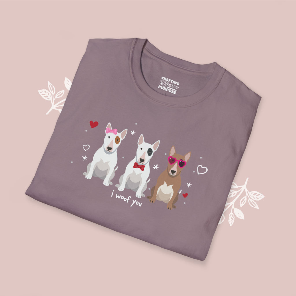 I Woof You Cute Bull Terrier Trio Dog Tee — Valentine's T-Shirt