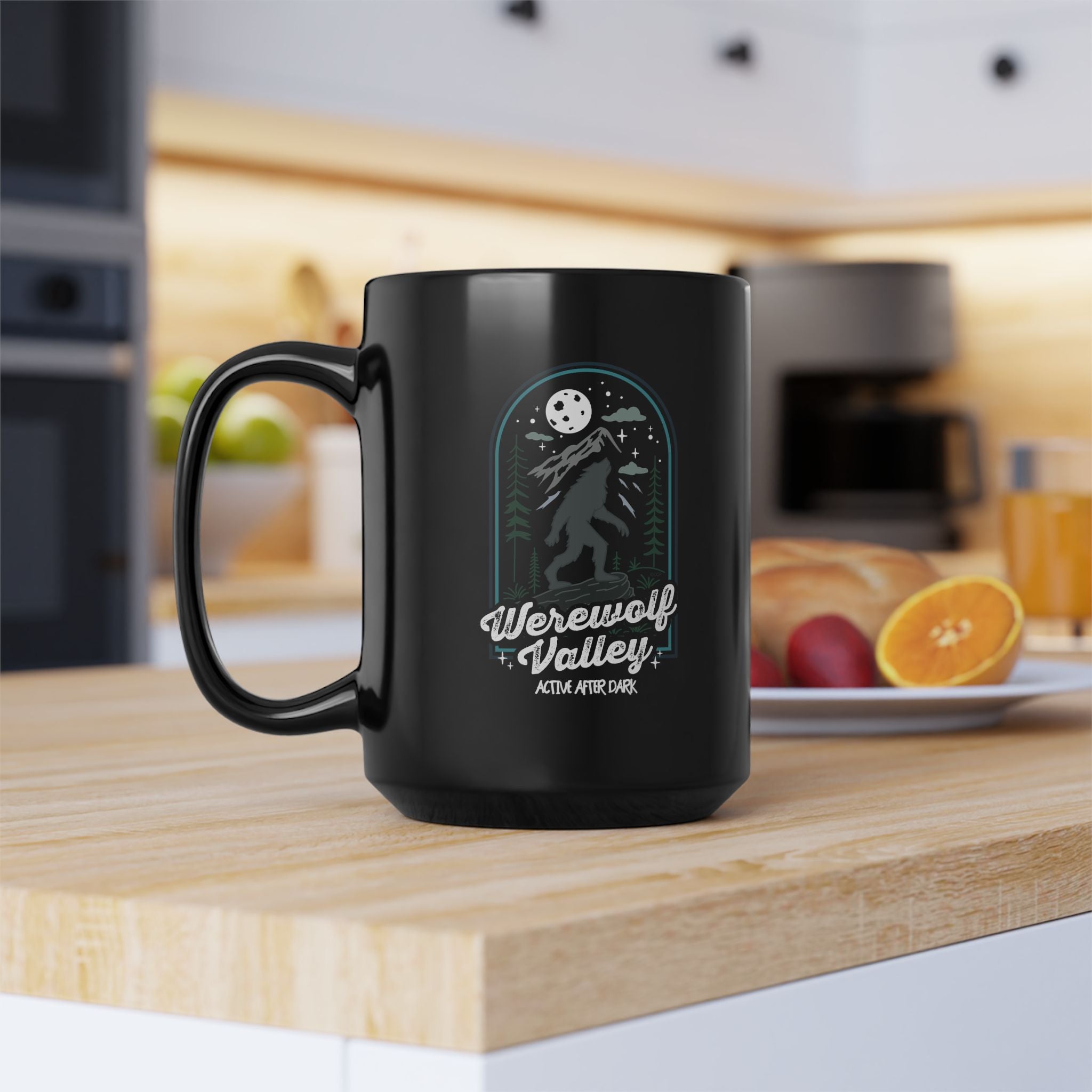 Werewolf Valley Black Mug — 'Active After Dark' Design (11oz & 15oz)