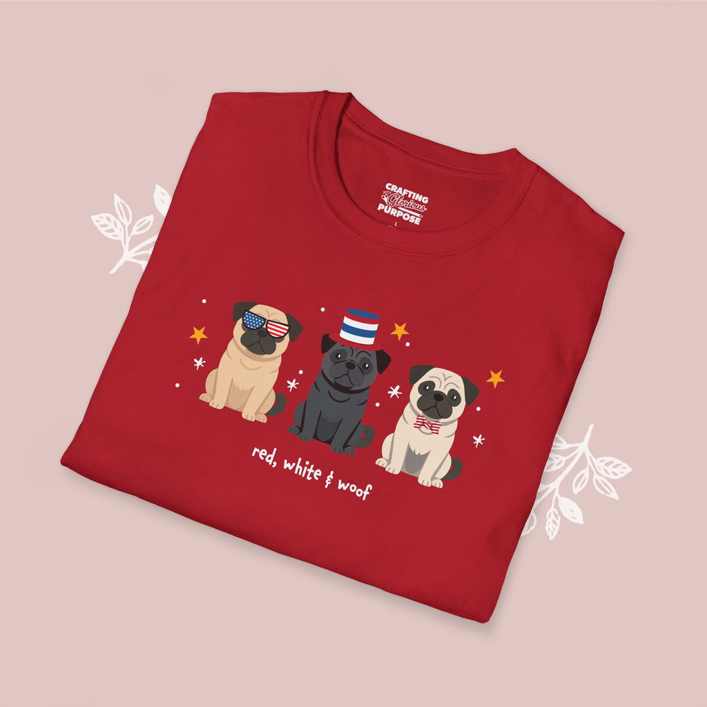 Pug Patriotic Dog Trio T-Shirt — 'Red, White & Woof' Cute America Graphic Tee