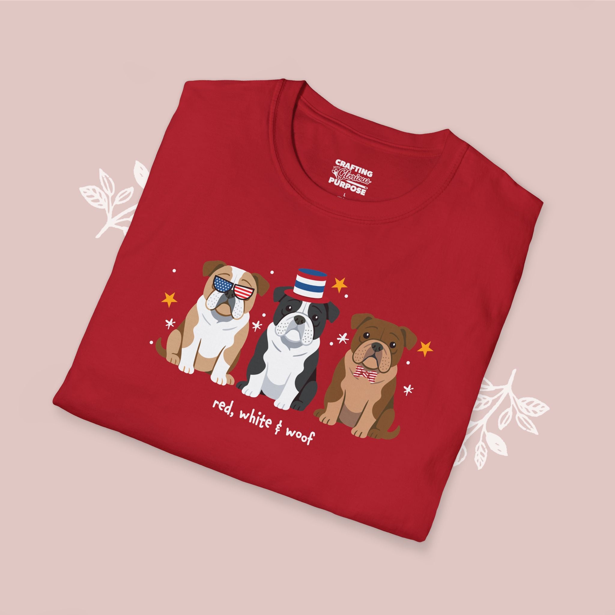 English Bulldog Patriotic Dog Trio T-Shirt — 'Red, White & Woof' Cute America Graphic Tee