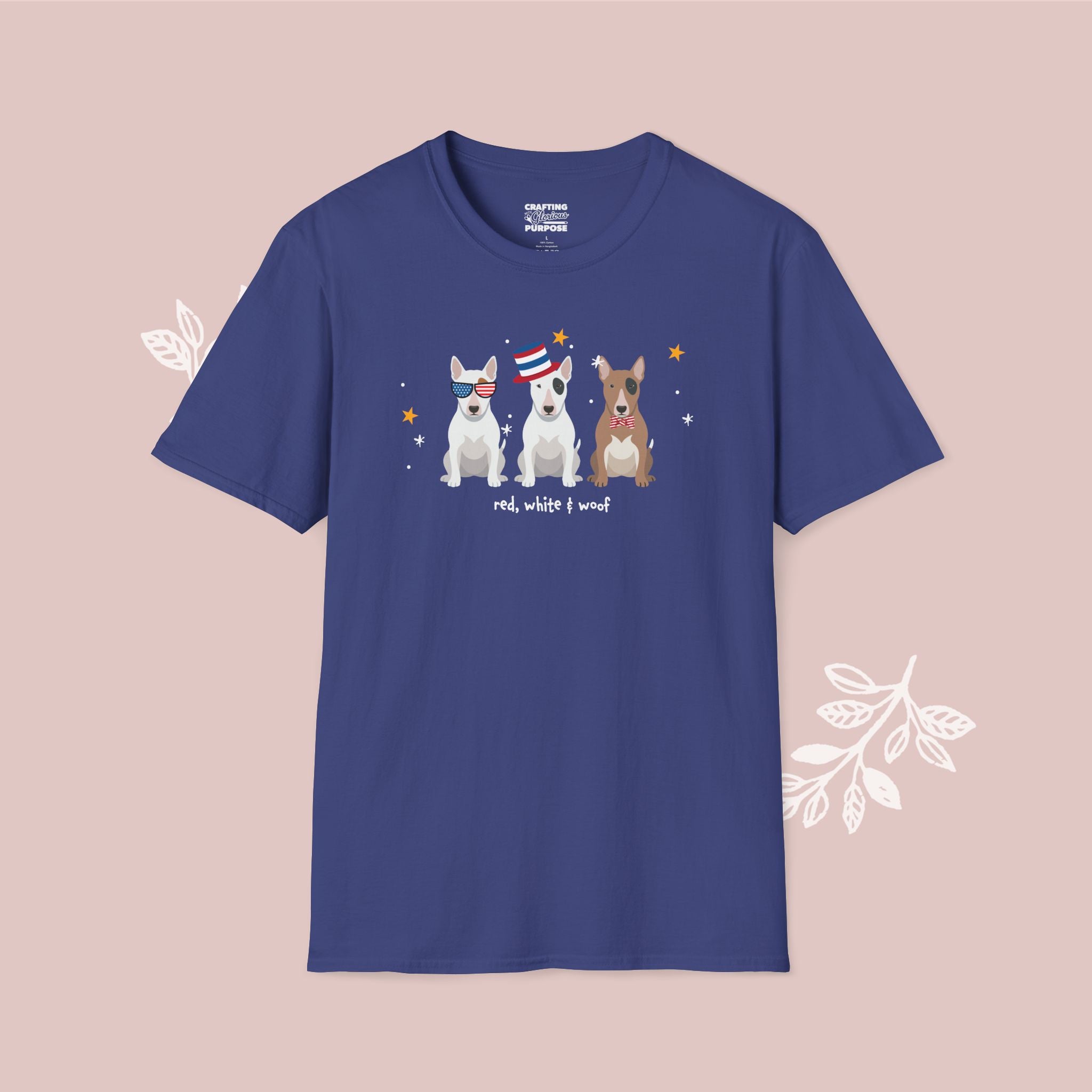 Bull Terrier Patriotic Dog Trio T-Shirt — 'Red, White & Woof' Cute America Graphic Tee