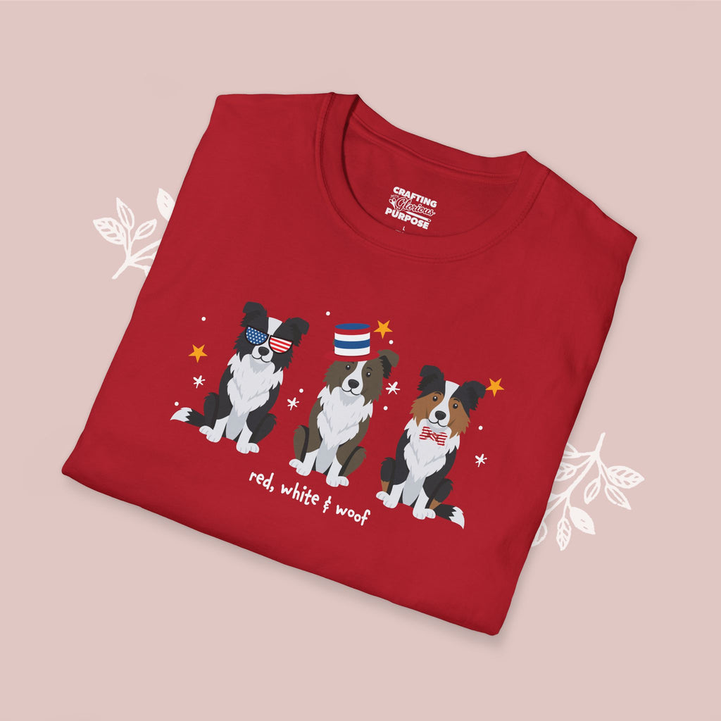 Border Collie Patriotic Dog Trio T-Shirt — 'Red, White & Woof' Cute America Graphic Tee