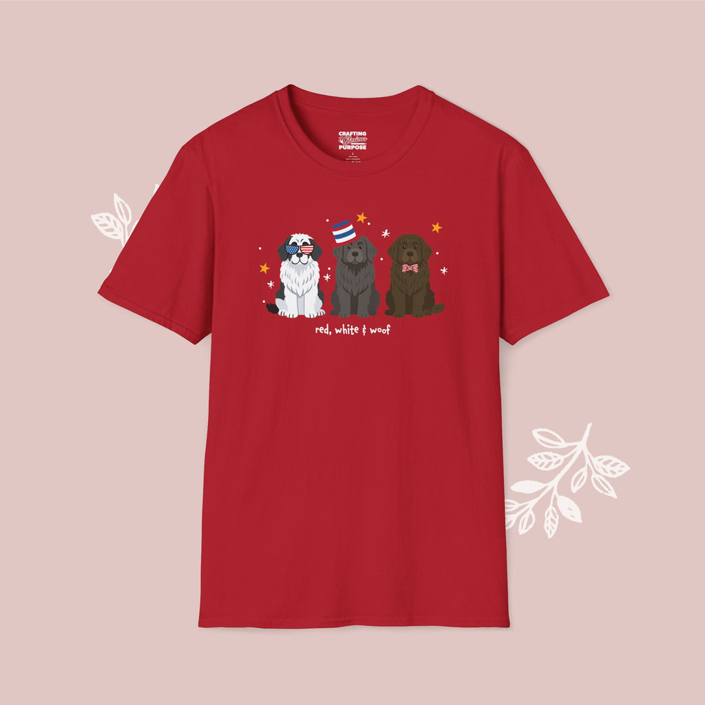 Newfoundland Patriotic Dog Trio T-Shirt — 'Red, White & Woof' Cute America Graphic Tee