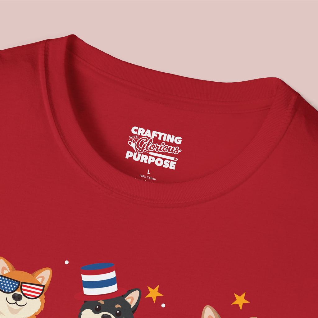 Shiba Inu Patriotic Dog Trio T-Shirt — 'Red, White & Woof' Cute America Graphic Tee
