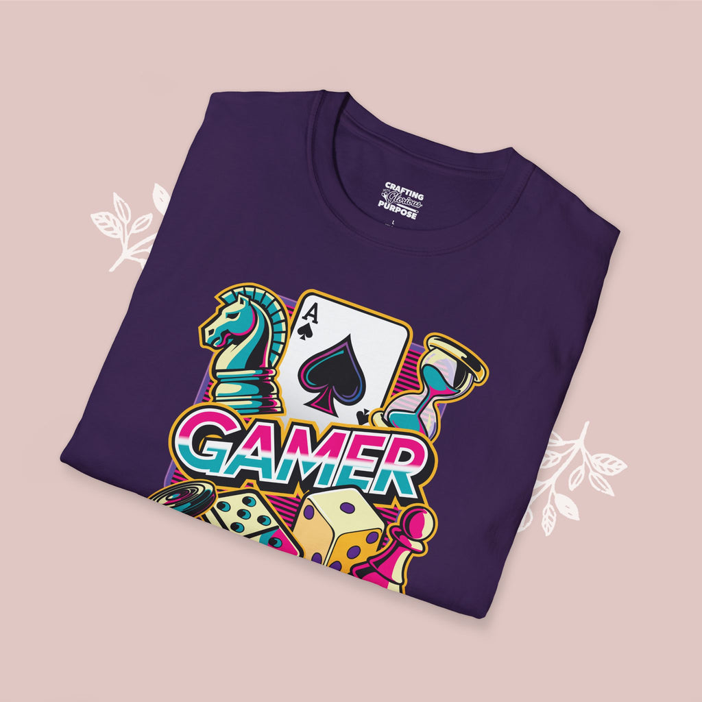 Gamer Board Game Graphic T-Shirt — Retro Dice, Cards & Chess Pieces Design