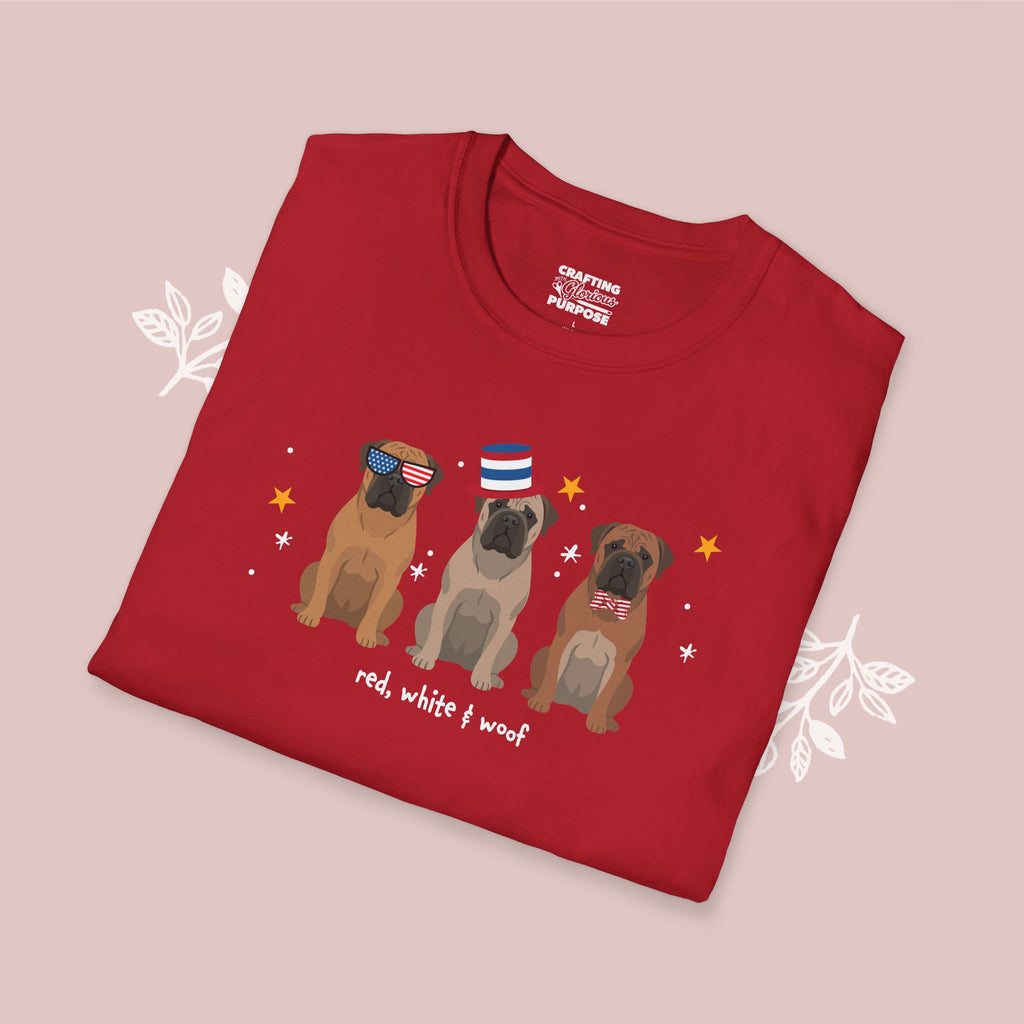 Bullmastiff Patriotic Dog Trio T-Shirt — 'Red, White & Woof' Cute America Graphic Tee