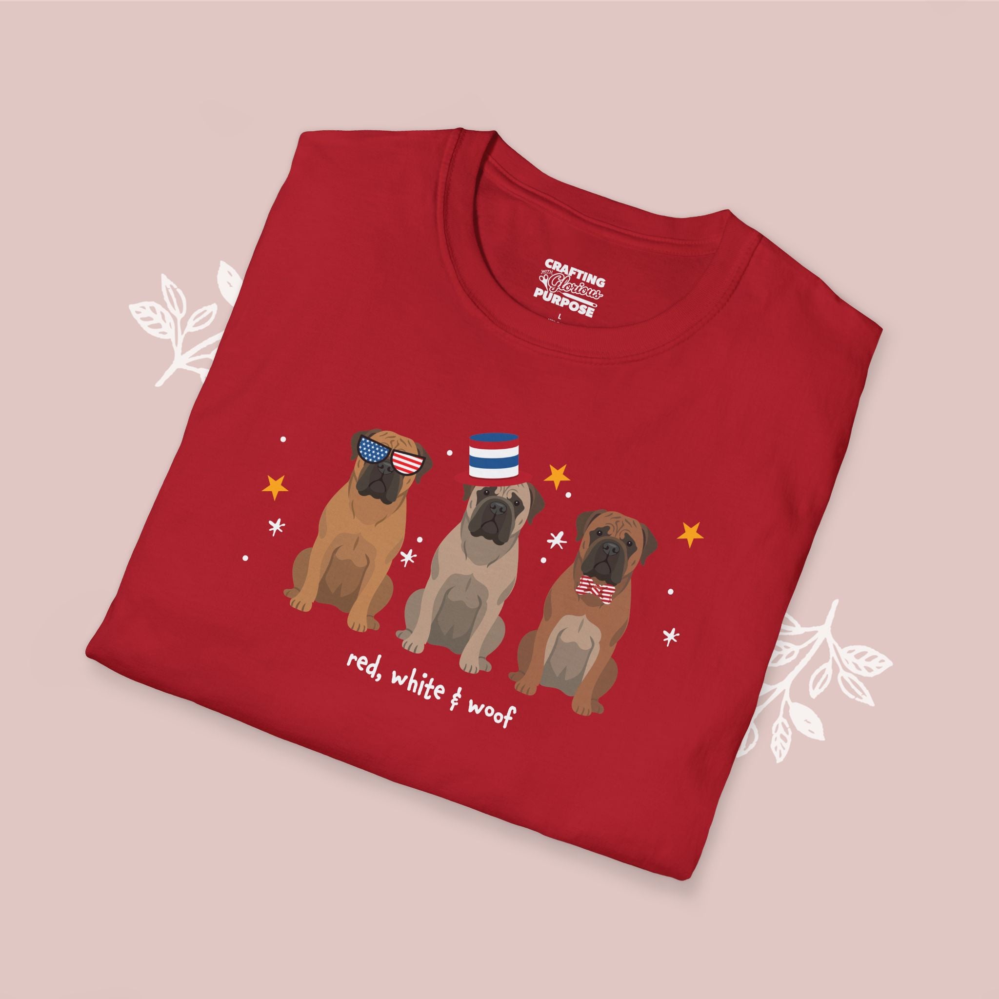 Bullmastiff Patriotic Dog Trio T-Shirt — 'Red, White & Woof' Cute America Graphic Tee