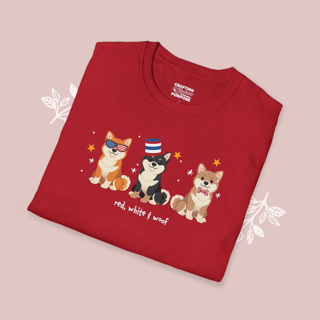 Shiba Inu Patriotic Dog Trio T-Shirt — 'Red, White & Woof' Cute America Graphic Tee