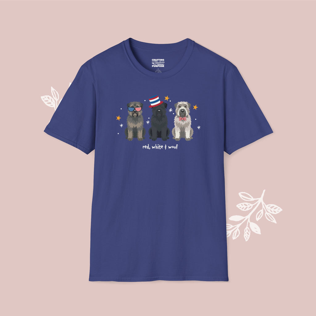 Bouvier Patriotic Dog Trio T-Shirt — 'Red, White & Woof' Cute America Graphic Tee