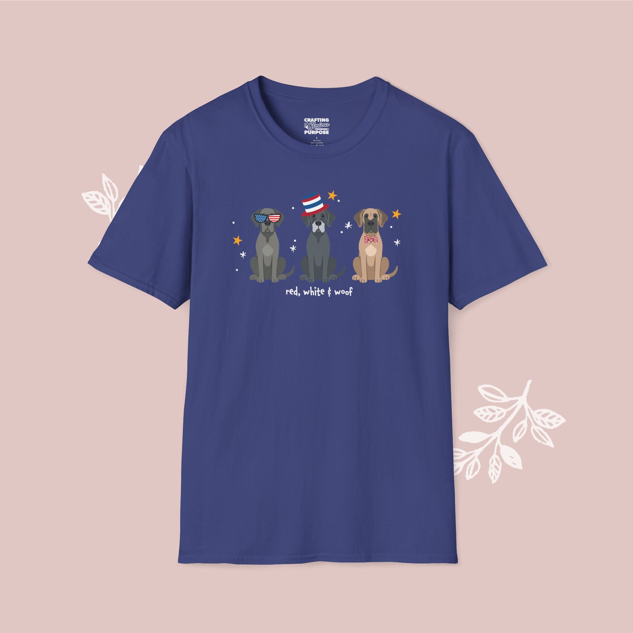 Great Dane Patriotic Dog Trio T-Shirt — 'Red, White & Woof' Cute America Graphic Tee