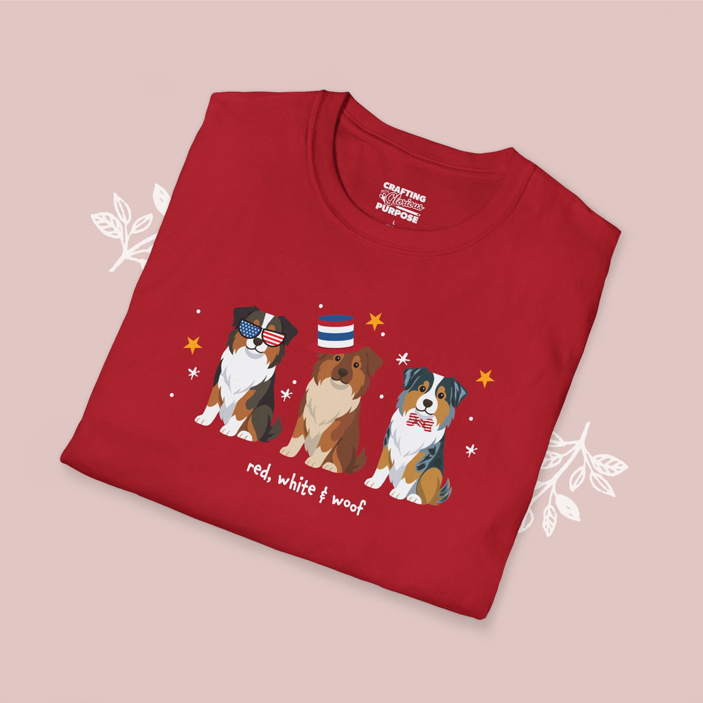 Australian Shepherd Patriotic Dog Trio T-Shirt — 'Red, White & Woof' Cute America Graphic Tee