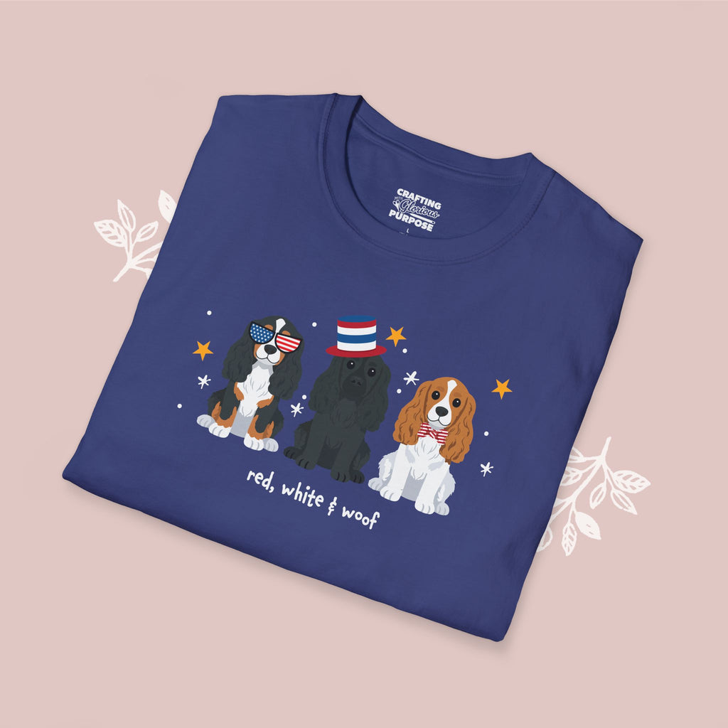 Cocker Spaniel Patriotic Dog Trio T-Shirt — 'Red, White & Woof' Cute America Graphic Tee
