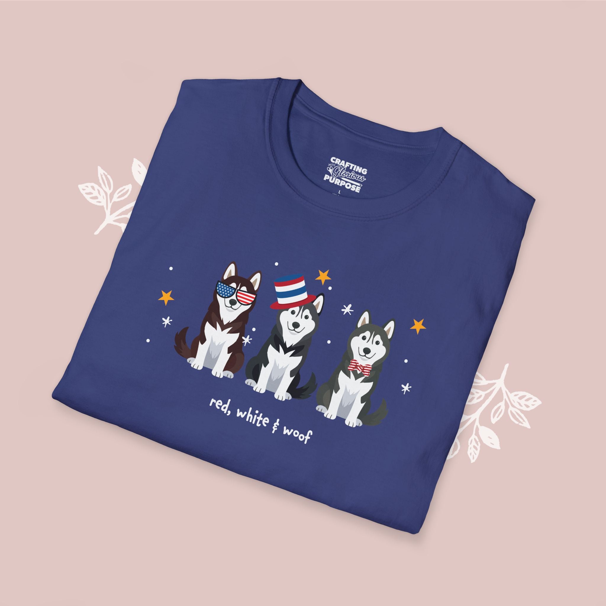Husky Patriotic Dog Trio T-Shirt — 'Red, White & Woof' Cute America Graphic Tee