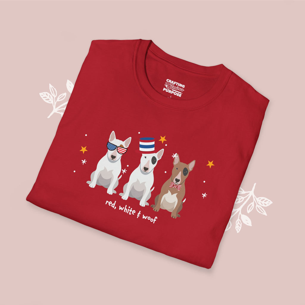 Bull Terrier Patriotic Dog Trio T-Shirt — 'Red, White & Woof' Cute America Graphic Tee