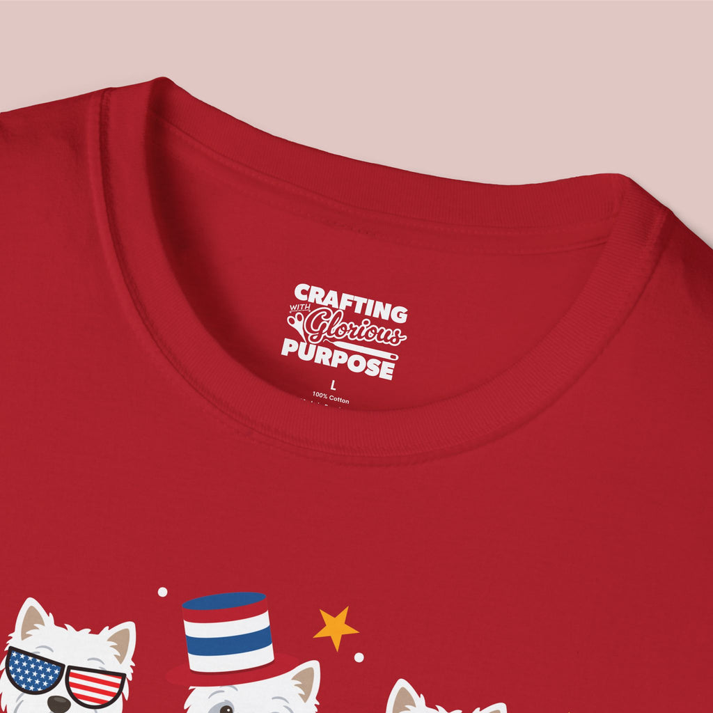 West Highland Terrier Patriotic Dog Trio T-Shirt — 'Red, White & Woof' Cute America Graphic Tee
