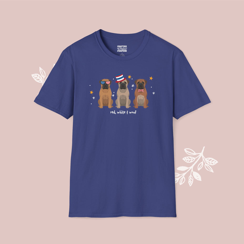 Bullmastiff Patriotic Dog Trio T-Shirt — 'Red, White & Woof' Cute America Graphic Tee
