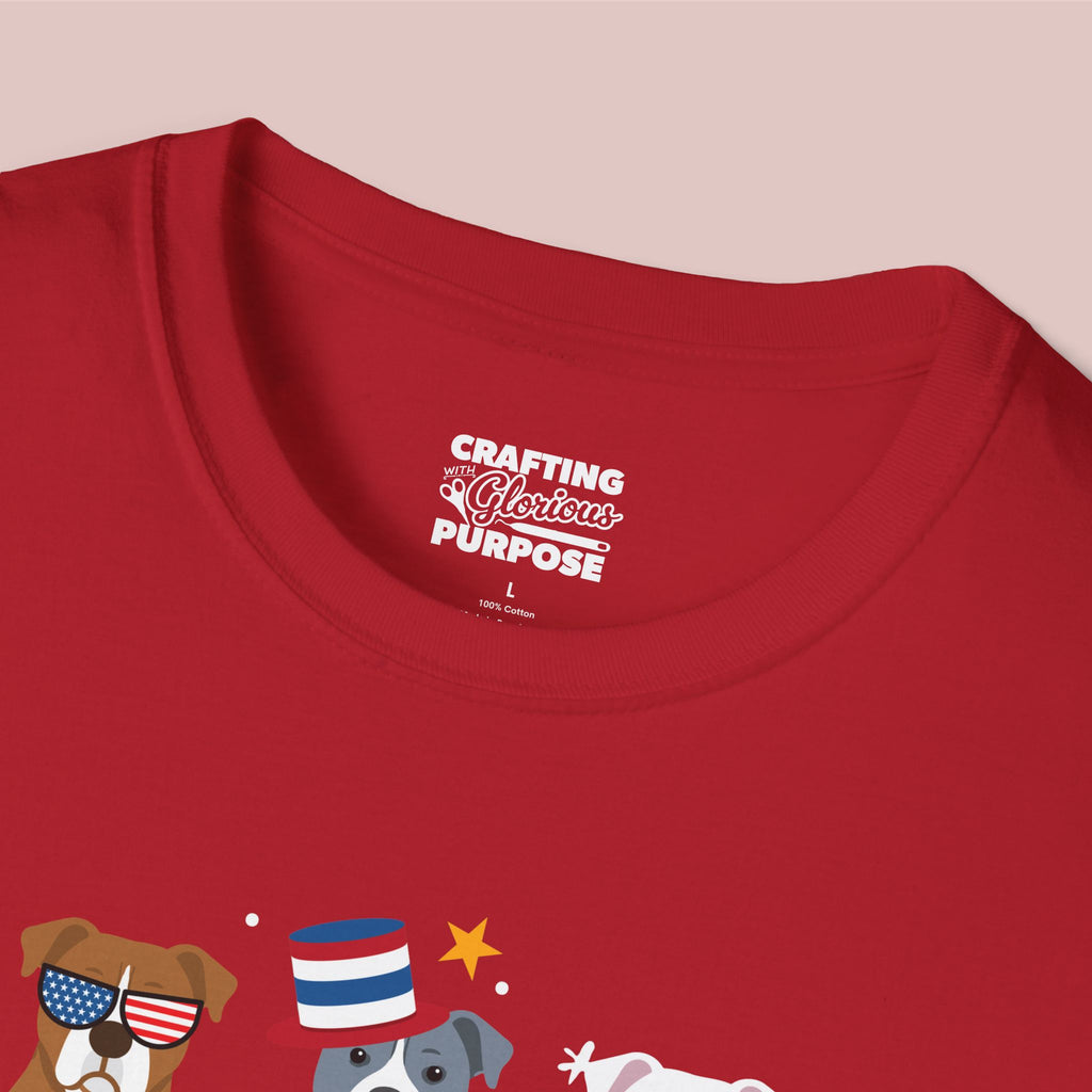 Pitbull Patriotic Dog Trio T-Shirt — 'Red, White & Woof' Cute America Graphic Tee