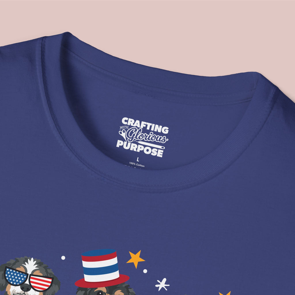 Aussiedoodle Patriotic Dog Trio T-Shirt — 'Red, White & Woof' Cute America Graphic Tee