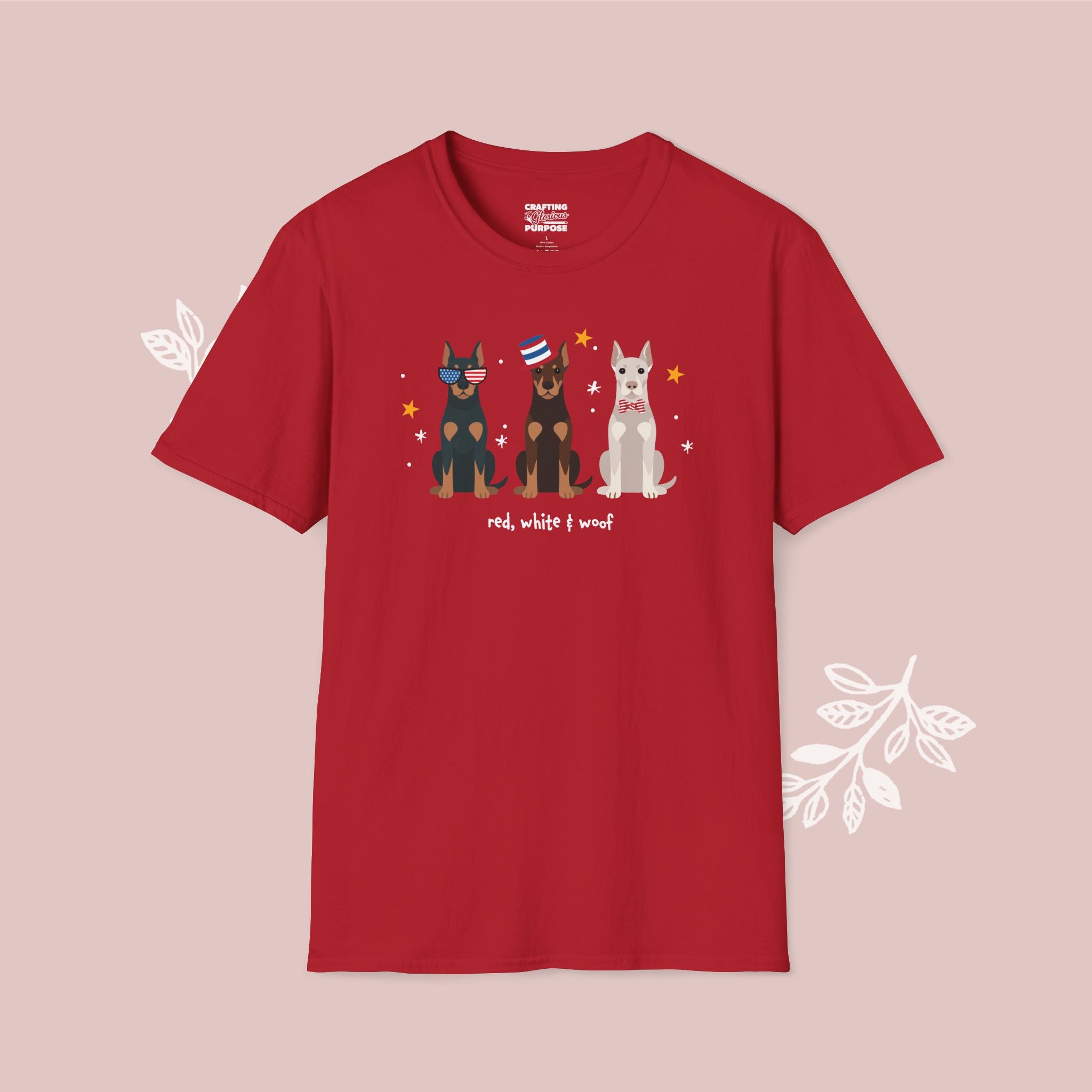 Dobermann Patriotic Dog Trio T-Shirt — 'Red, White & Woof' Cute America Graphic Tee