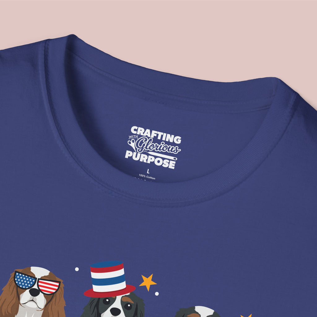 Cavalier King Charles Patriotic Dog Trio T-Shirt — 'Red, White & Woof' Cute America Graphic Tee