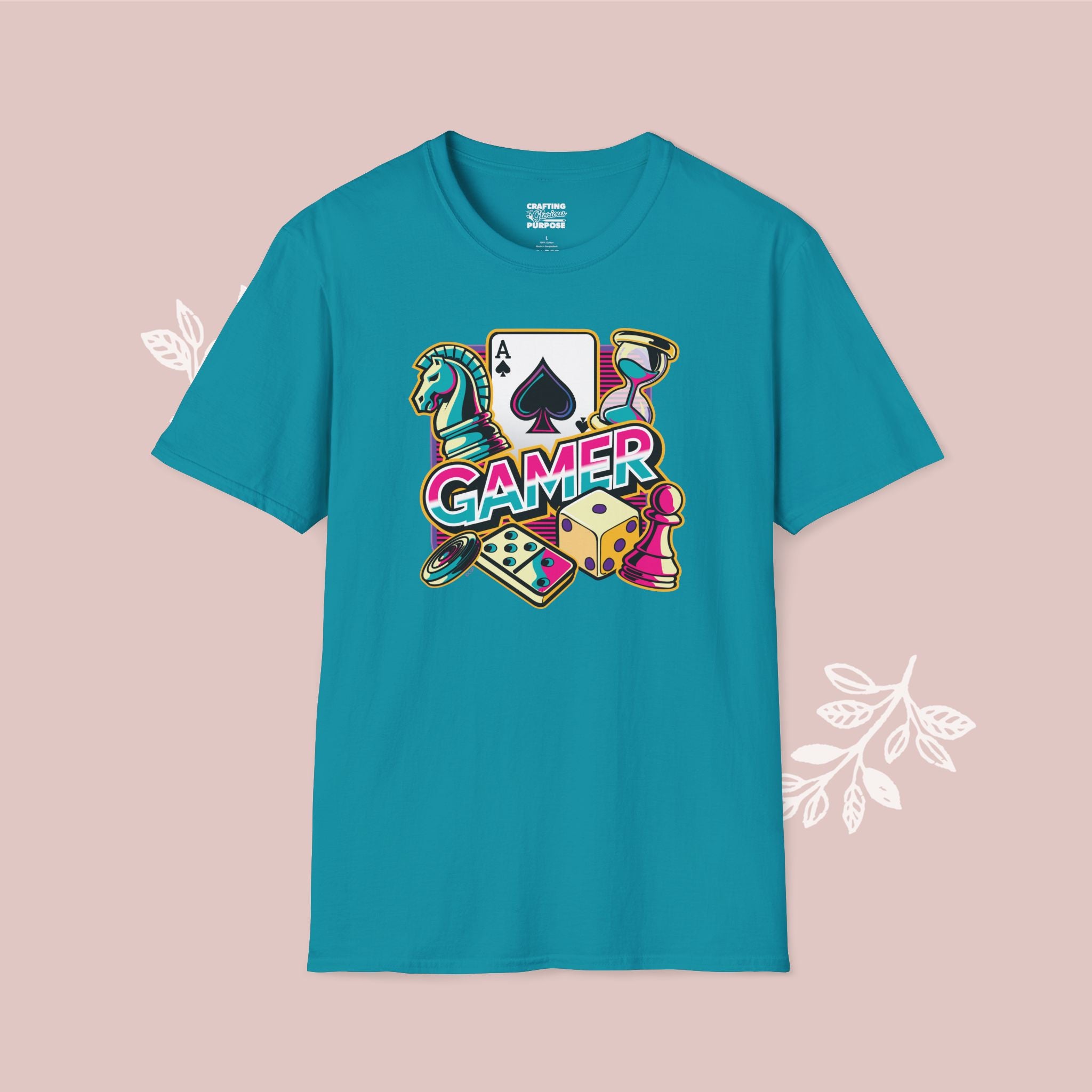 Gamer Board Game Graphic T-Shirt — Retro Dice, Cards & Chess Pieces Design