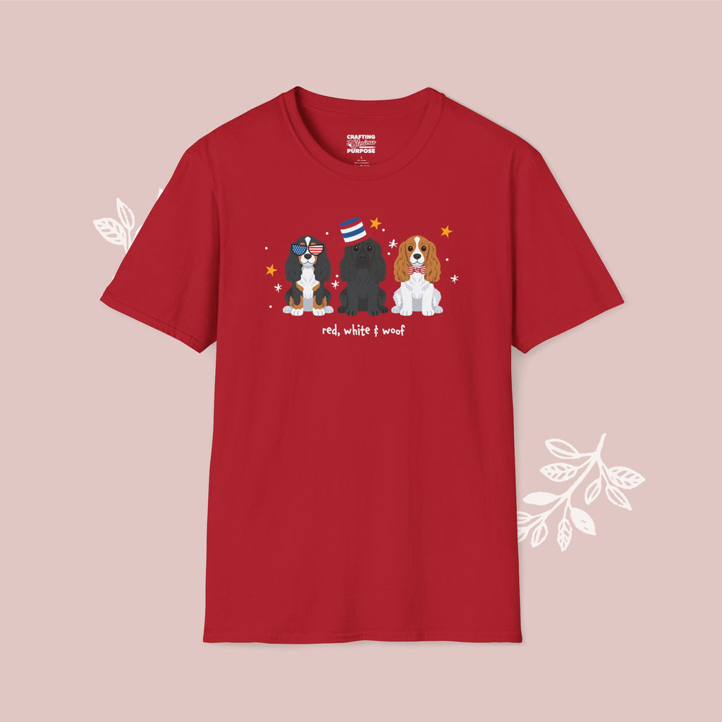 Cocker Spaniel Patriotic Dog Trio T-Shirt — 'Red, White & Woof' Cute America Graphic Tee