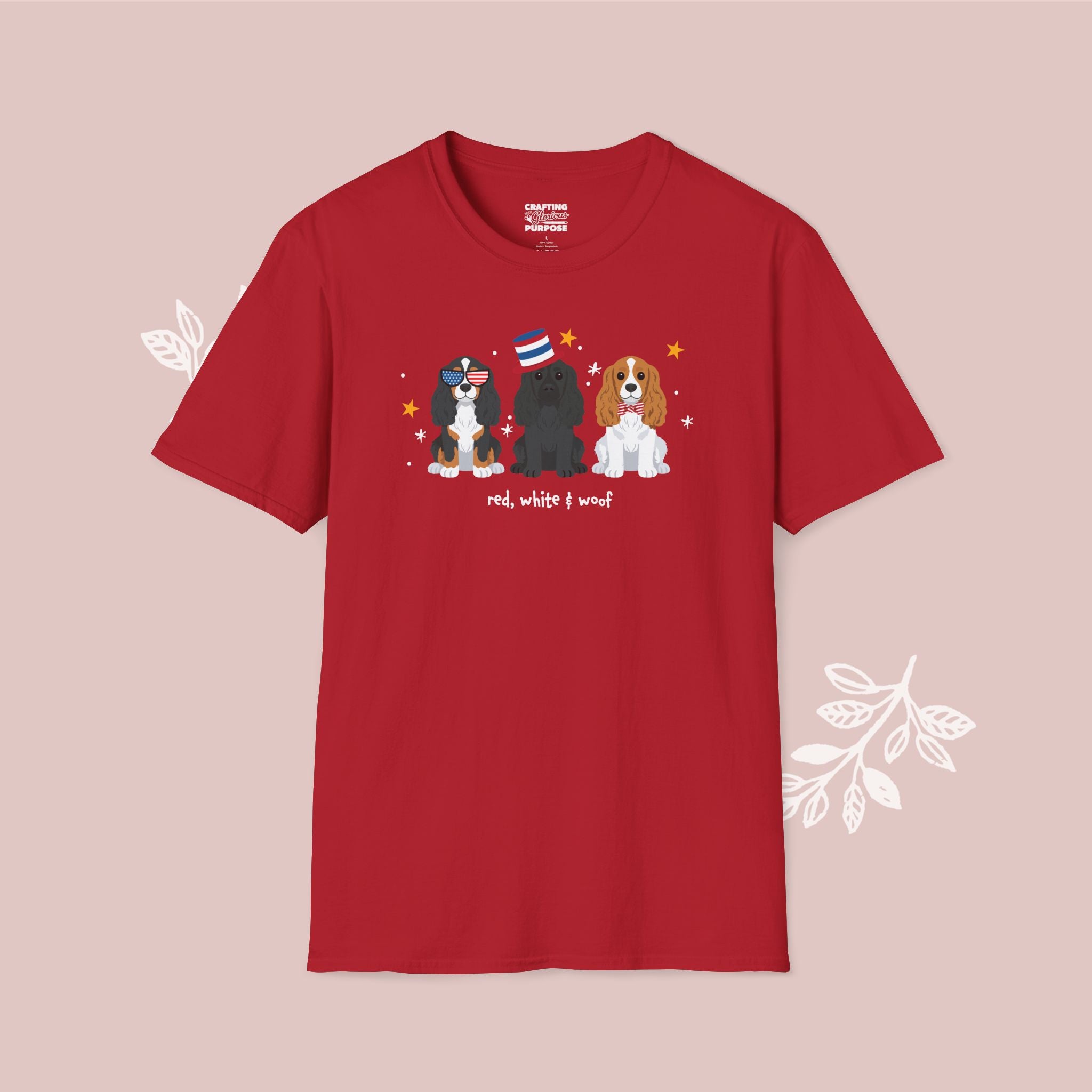 Cocker Spaniel Patriotic Dog Trio T-Shirt — 'Red, White & Woof' Cute America Graphic Tee