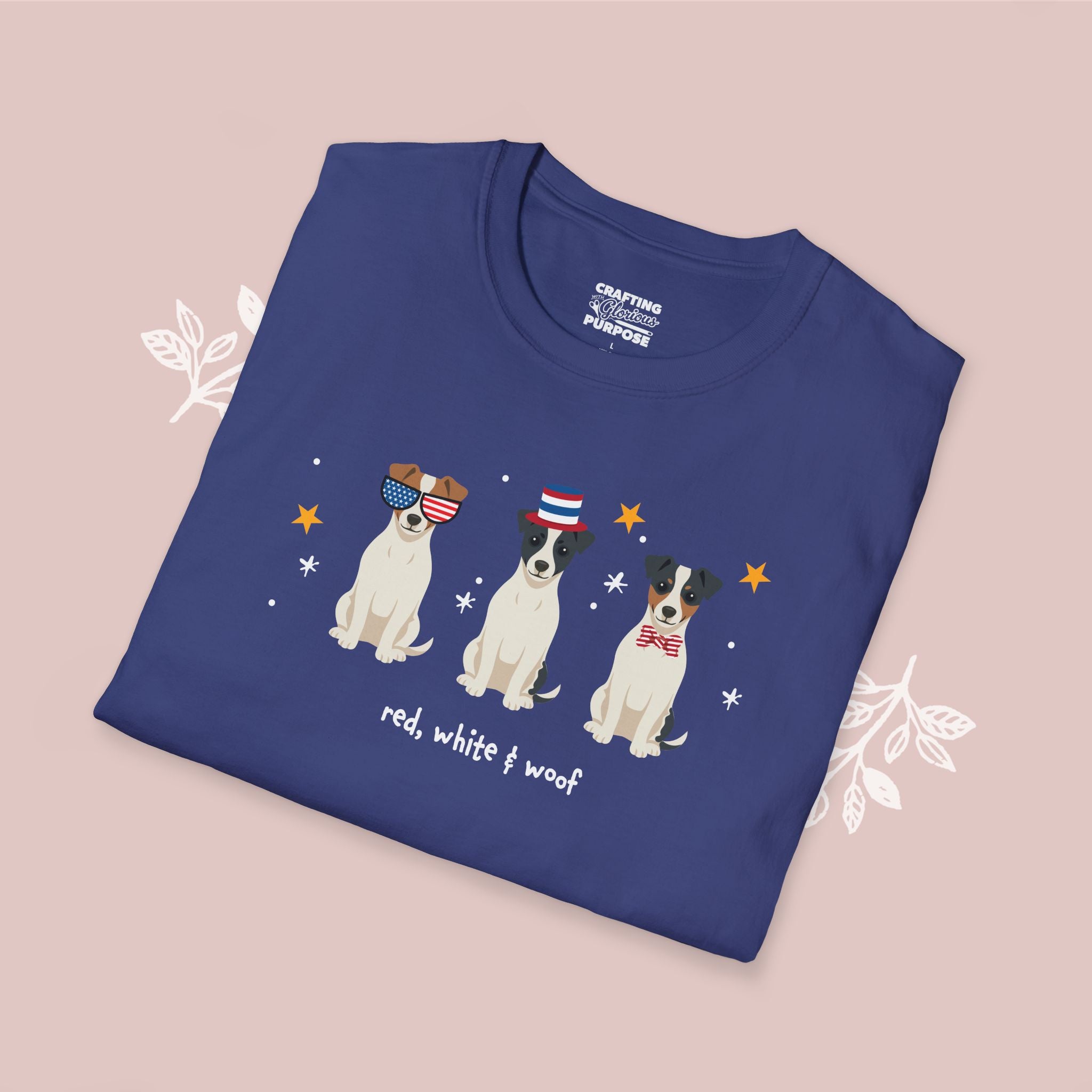 Jack Russell Terrier Patriotic Dog Trio T-Shirt — 'Red, White & Woof' Cute America Graphic Tee