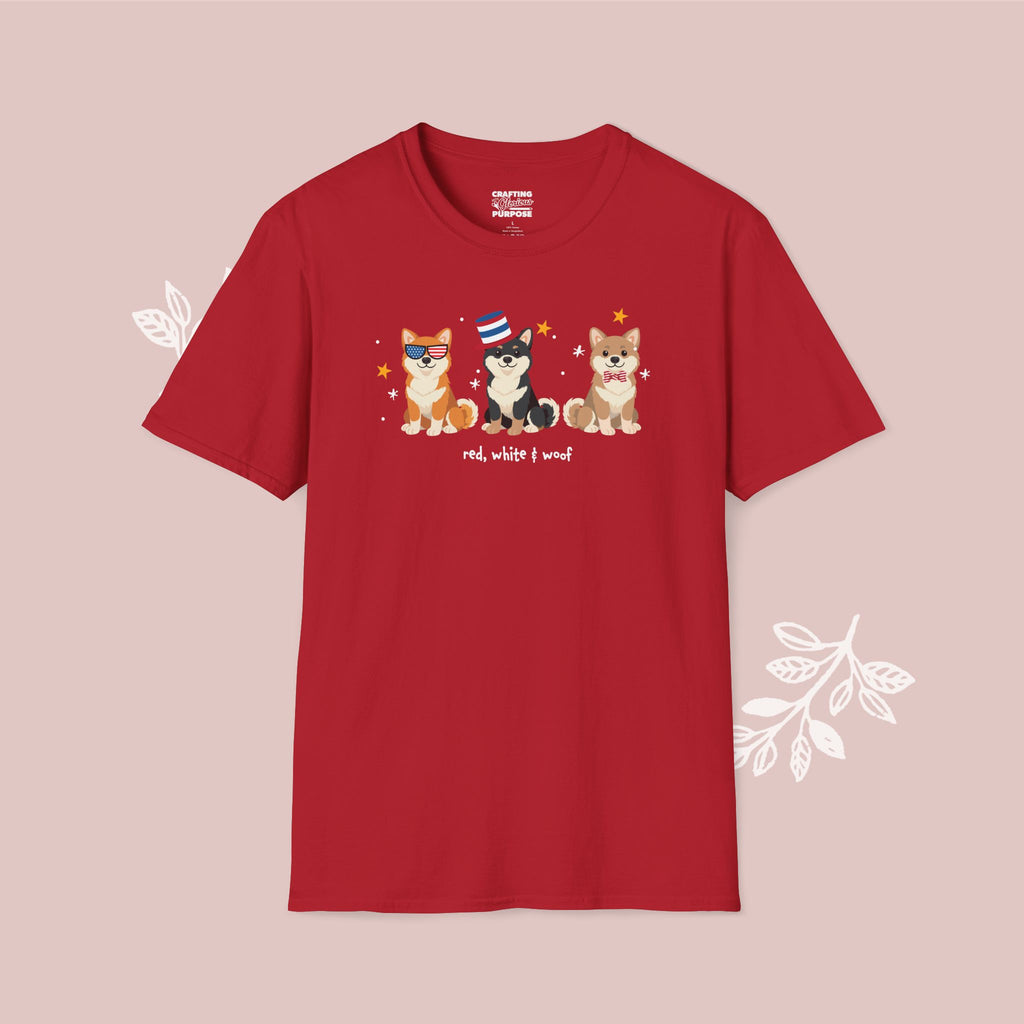 Shiba Inu Patriotic Dog Trio T-Shirt — 'Red, White & Woof' Cute America Graphic Tee