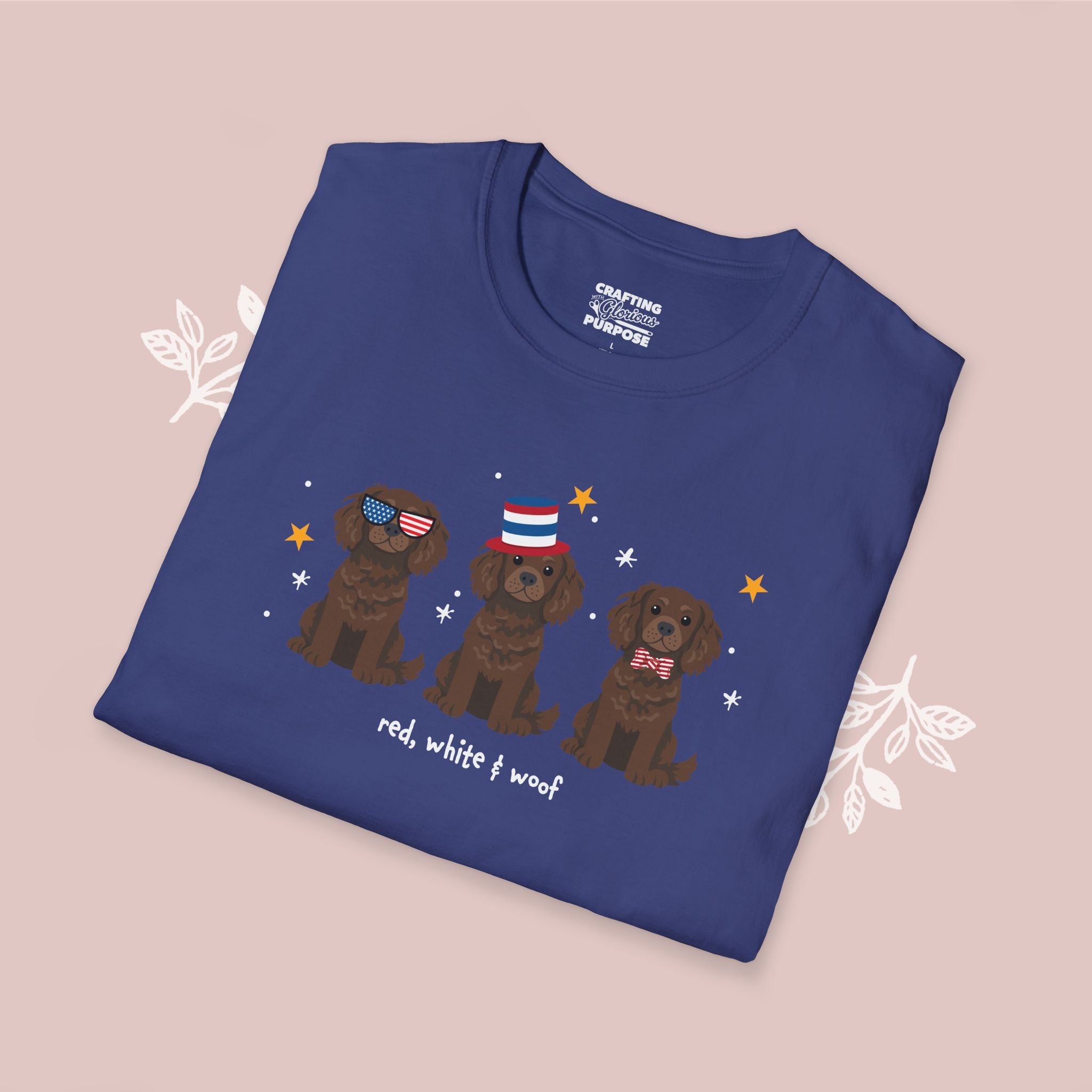 Boykin Spaniel Patriotic Dog Trio T-Shirt — 'Red, White & Woof' Cute America Graphic Tee