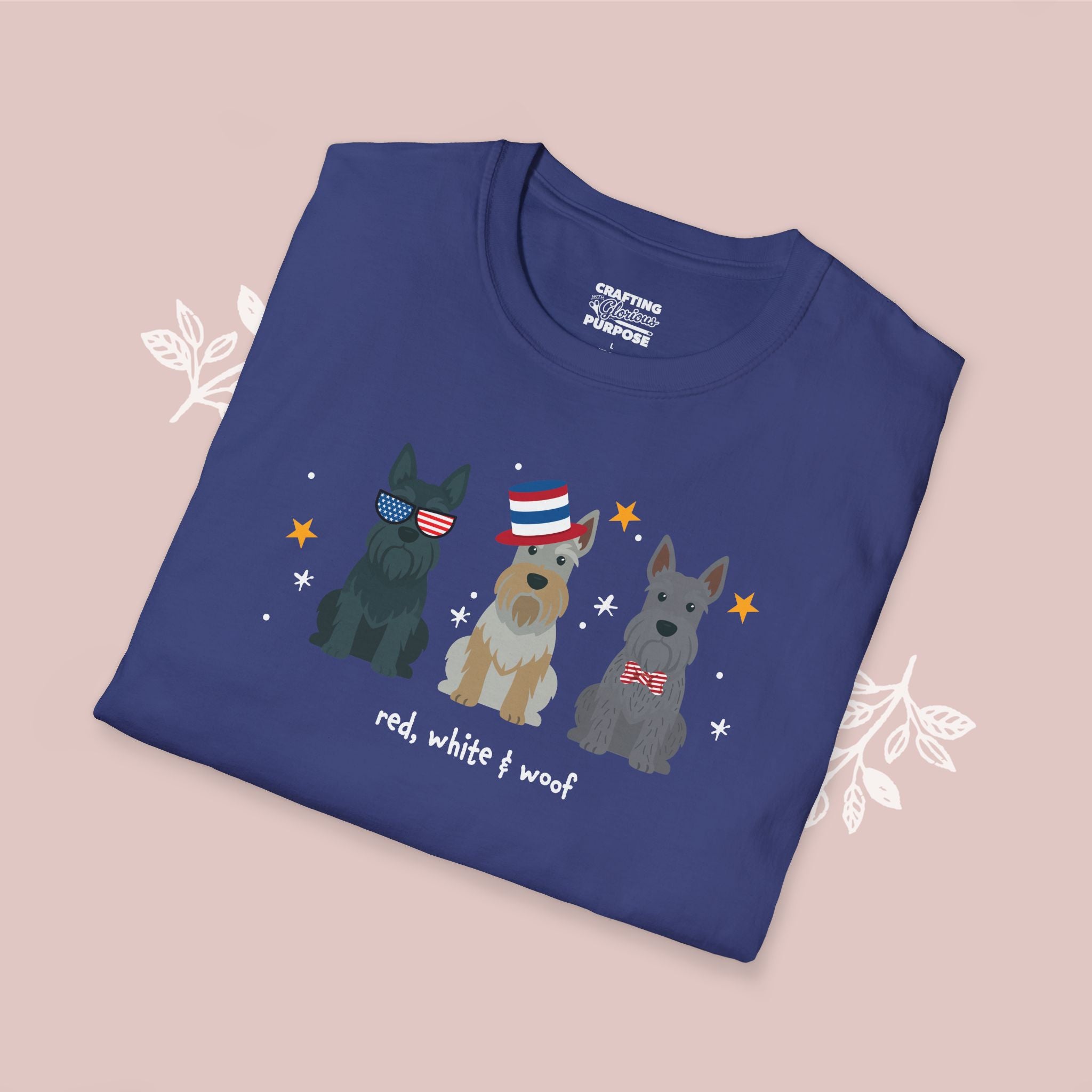 Scottish Terrier Patriotic Dog Trio T-Shirt — 'Red, White & Woof' Cute America Graphic Tee