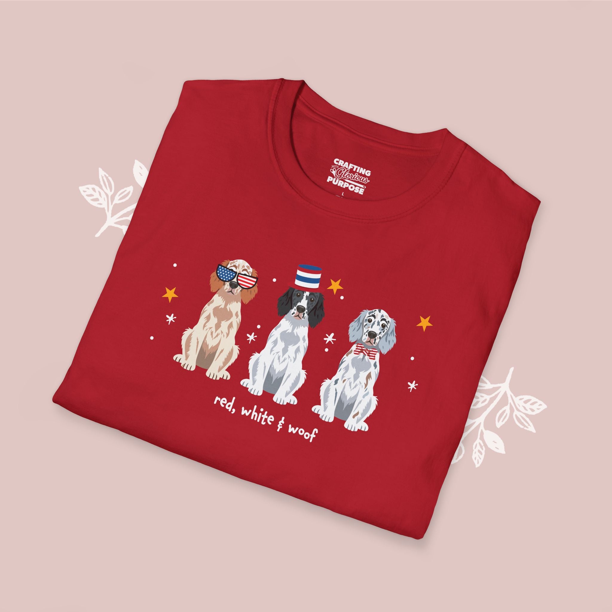 English Setter Patriotic Dog Trio T-Shirt — 'Red, White & Woof' Cute America Graphic Tee