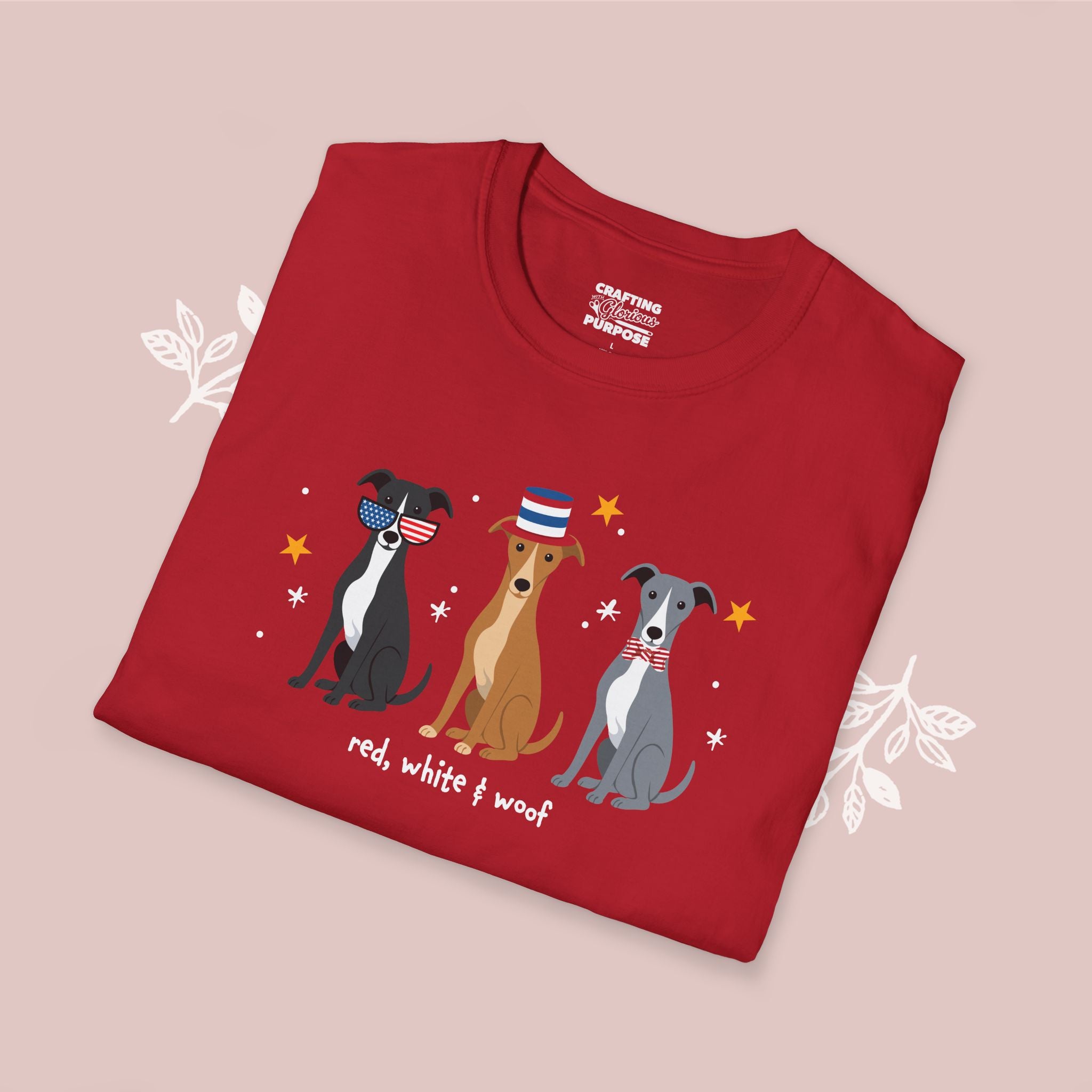 Greyhound Patriotic Dog Trio T-Shirt — 'Red, White & Woof' Cute America Graphic Tee