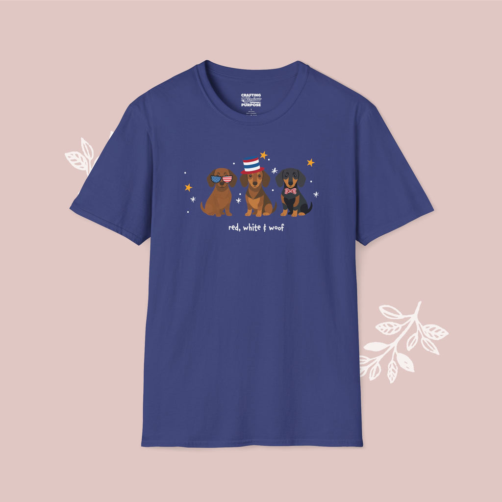 Dachshund Short Haired Patriotic Dog Trio T-Shirt — 'Red, White & Woof' Cute America Graphic Tee