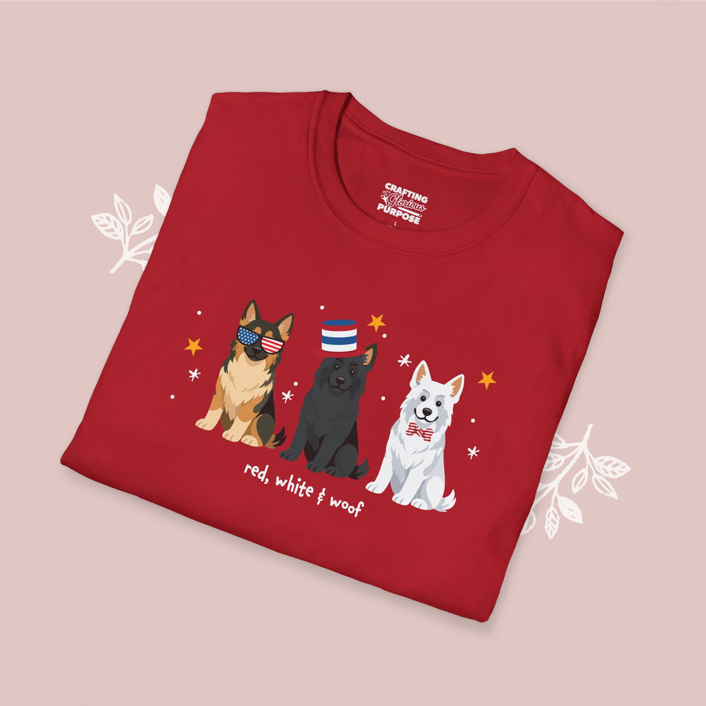 German Shepherd Patriotic Dog Trio T-Shirt — 'Red, White & Woof' Cute America Graphic Tee