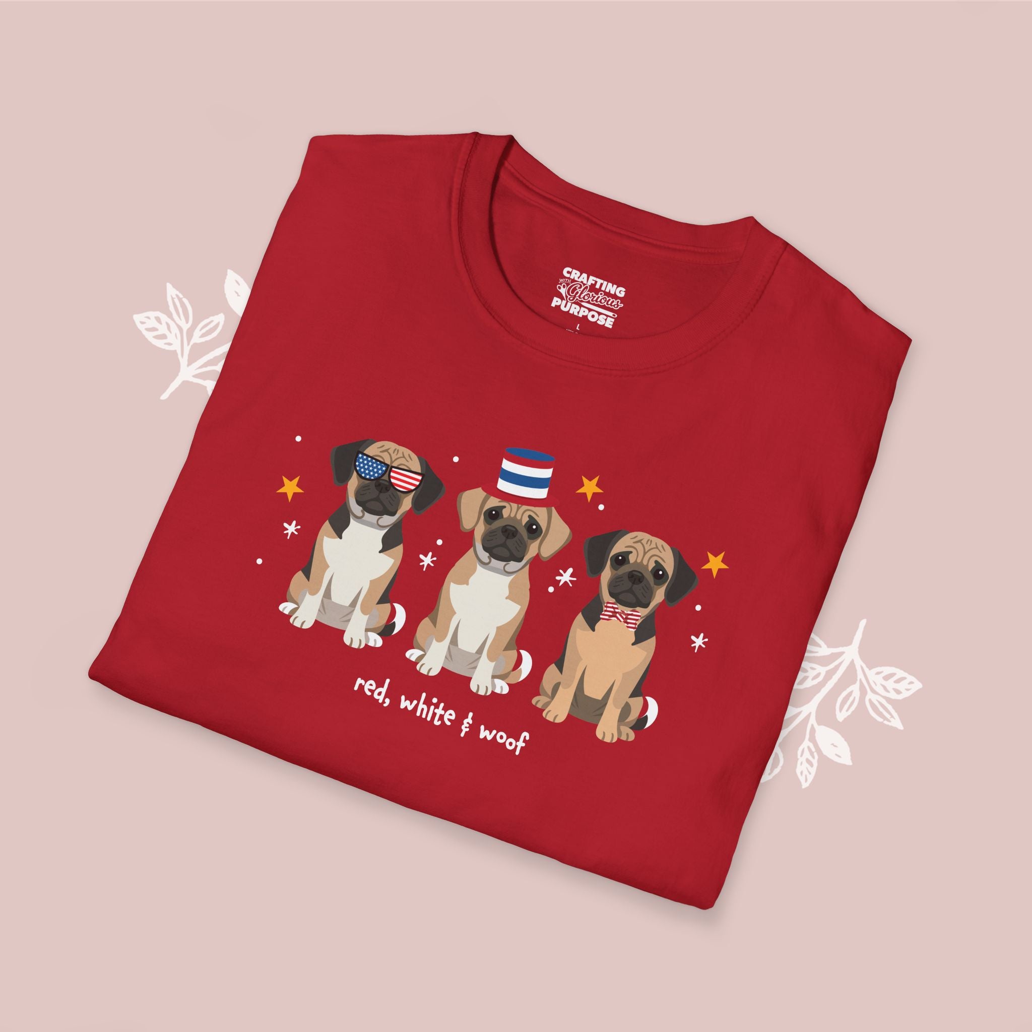Puggle Patriotic Dog Trio T-Shirt — 'Red, White & Woof' Cute America Graphic Tee