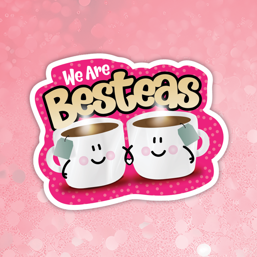 Cartoon mugs with 'We Are Besteas' text on a pink background