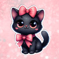 Cute black cat illustration with pink bows on a pink background