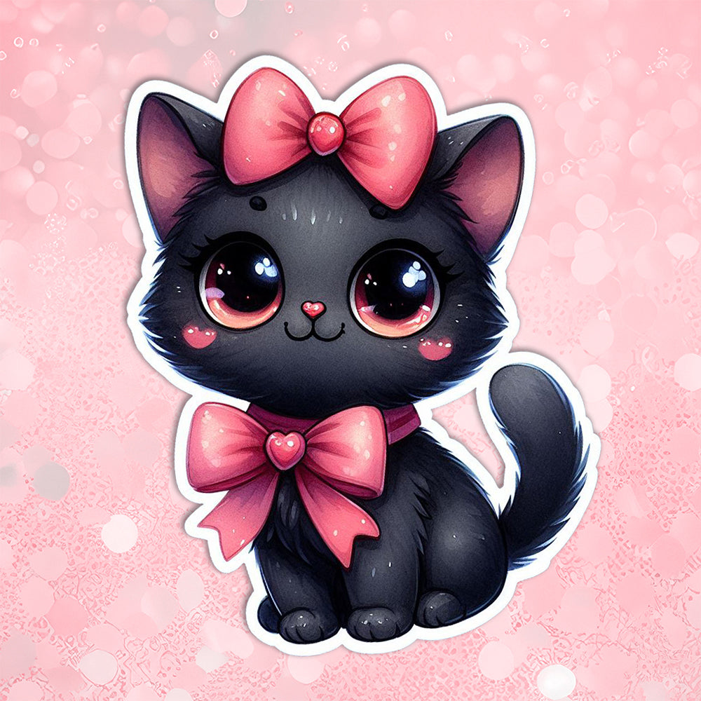 Cute black cat illustration with pink bows on a pink background