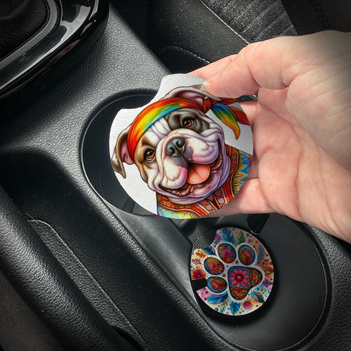 Hand placing a colorful car coaster with a dog design into a car cup holder.